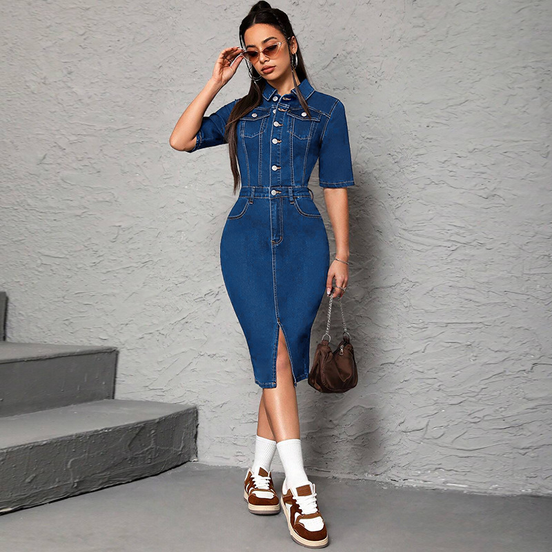 Wrap Dress Work - Women Long Dress Turn Down Collar