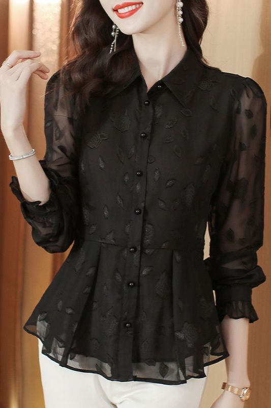 Women'S Formal Wear Blouse - Elegant Floral Long Sleeve Chiffon Blouse