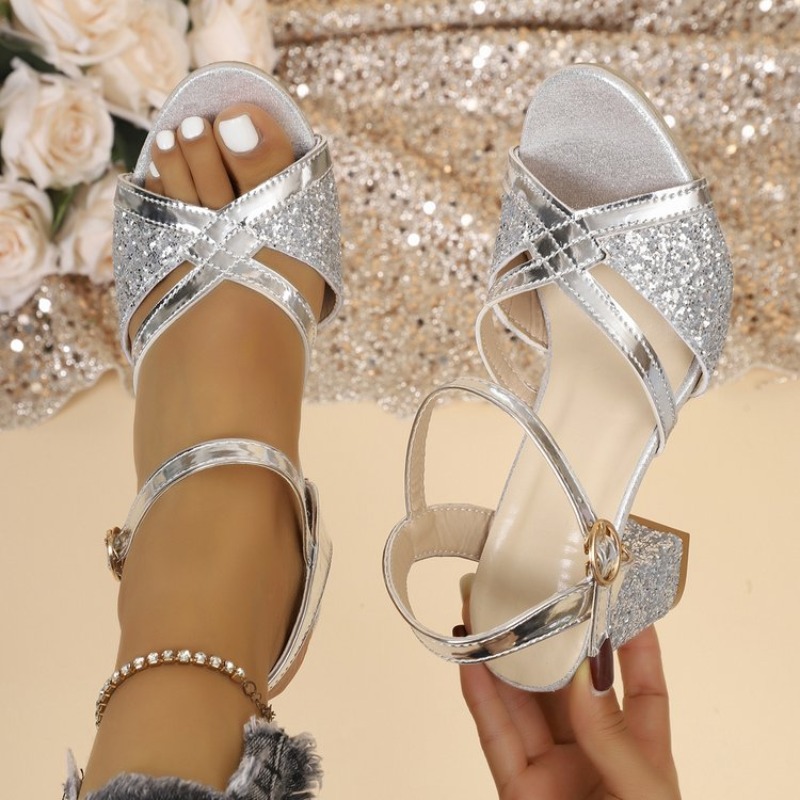 Women'S Formal Wear To A Wedding - Women Block Heels Sandals Gold Sparkly