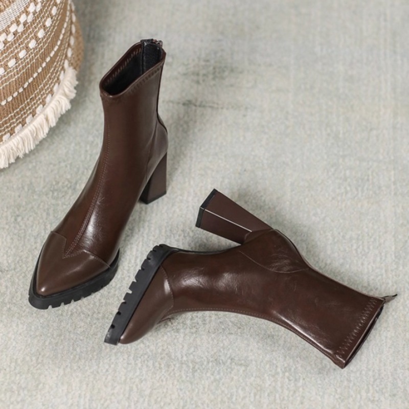 Pump Heel Block - Pointed Toe French Tight Boots Stretch