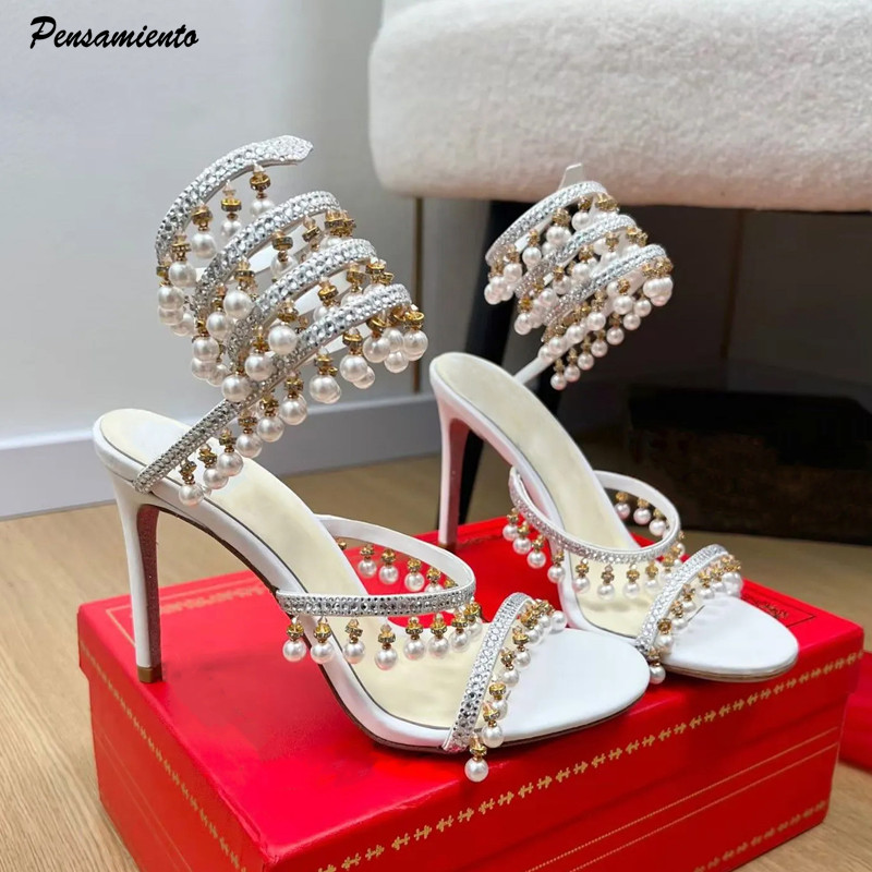 Women'S Formal Wear To A Wedding - Luxury Rhinestones Pearls Tassels Women Gladiator