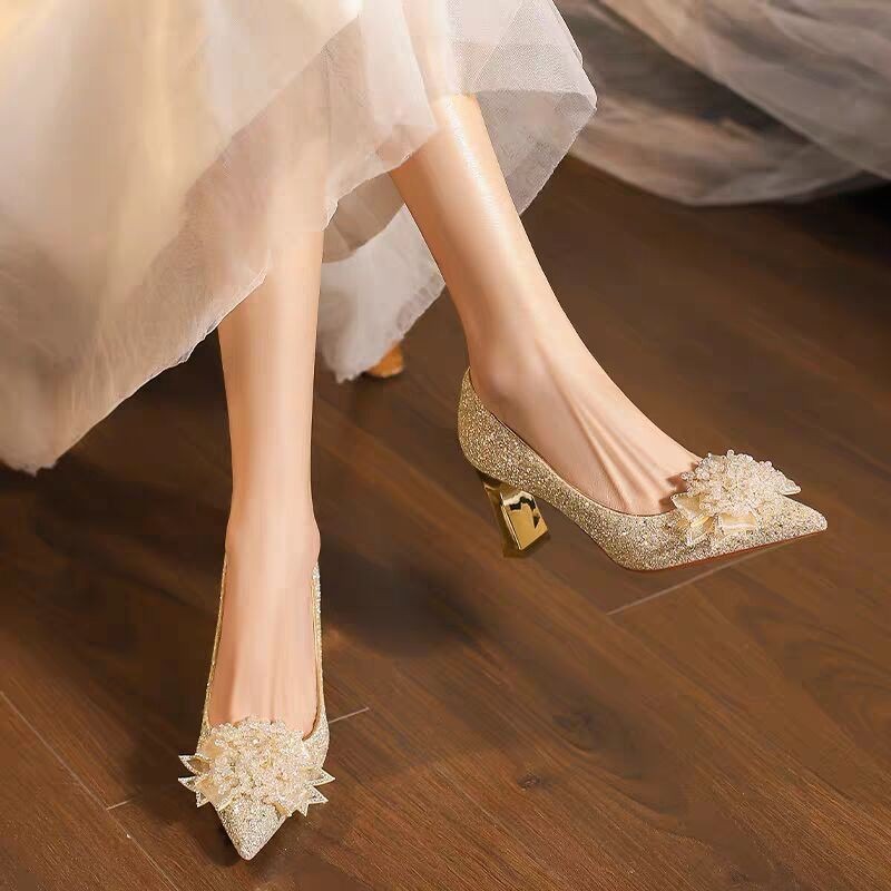 Pump Heel Block - Rhinestone Flower Block Heel Single Shoes